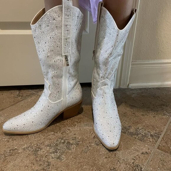 🆕Women White Rhinestone Manmade Material Mid Calf Cowgirl Pointed Toe Boots - Picture 2 of 8